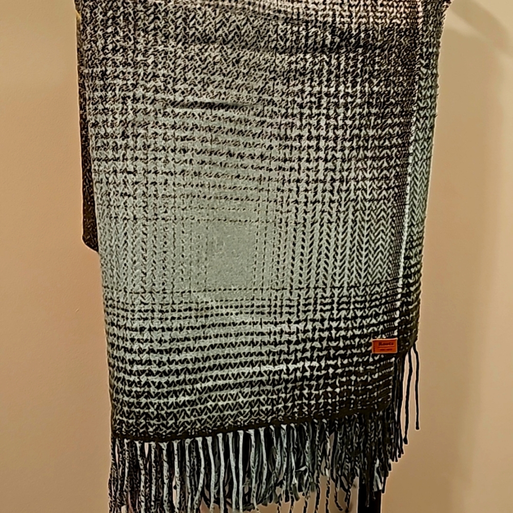 Large scarf from roots. Greens, purple and yellow stripe